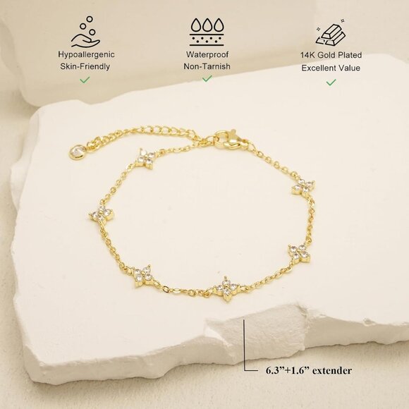 14K Gold Plated Clover Stackable Link Chain Ring Bracelet Hand Chain for Women - Picture 5 of 9